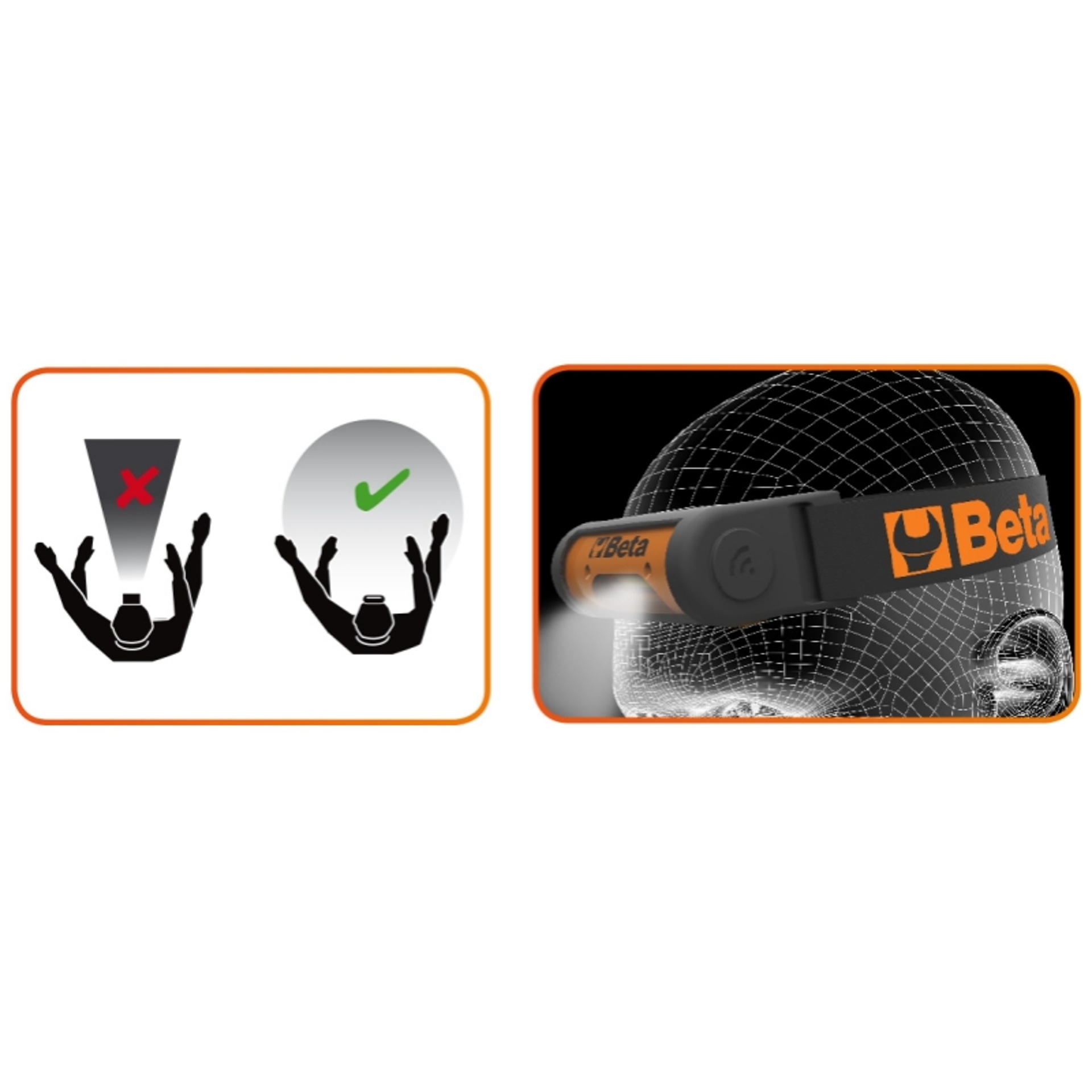 BETA Lanterna de cabe�a LED articulada e recarreg�vel, dupla luminosidade, com sensor ON/OFF