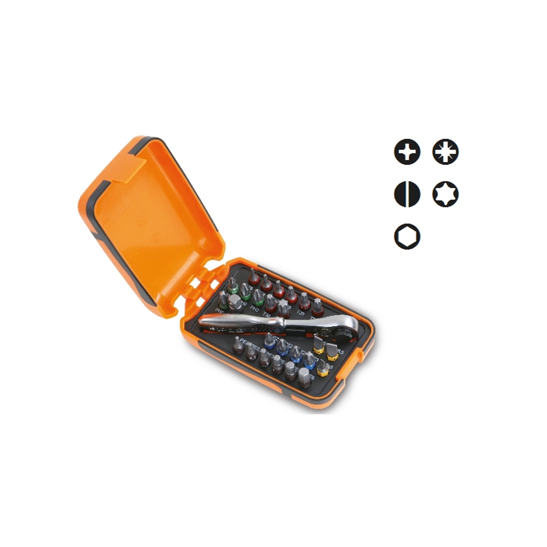 BETA Jogo de 25 bits, 1 conector e 1 roquete revers�vel em estojo de pl�stico